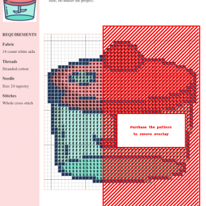 A charming cross-stitch pattern depicting a cute mixer blender in teal and coral colors.