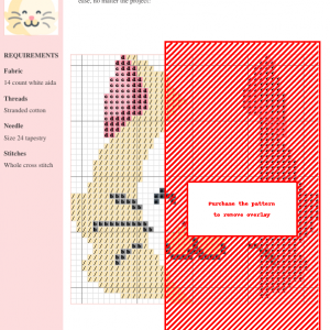 Cross stitch pattern of a charming Turkish Angora cat with pastel pink ears and a cheerful expression.