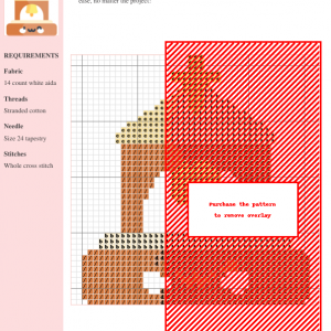 Cross stitch pattern featuring a cute cartoon church tower with a bell, in warm brown and gold tones.