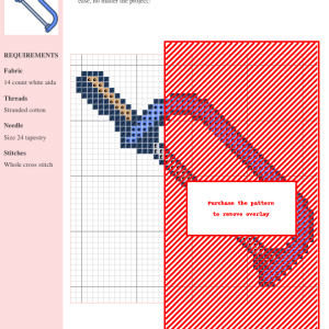 Image of a cross stitch pattern depicting a hacksaw with a light blue frame and wooden handle.