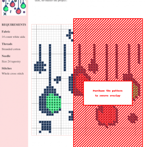 Image of a charming cross-stitch pattern featuring a line of hanging Christmas ornaments in red and green, accented with sparkling stars and confetti.