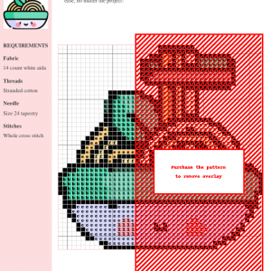 A charming cross-stitch pattern depicting a bowl of ramen noodles with chopsticks and a garnish, presented in a kawaii style.