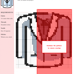 Cross stitch pattern depicting a light blue wedding suit with a dark gray shirt and tie.