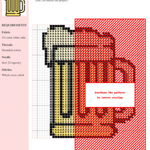 Cross stitch pattern of a beer mug with a foamy head, featuring a simple yet charming design.