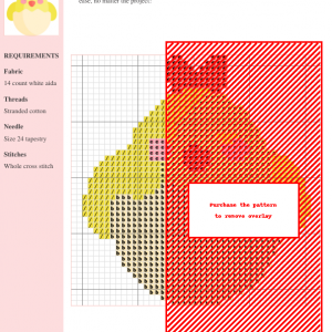 Close-up of a charming cross-stitch pattern depicting a cute yellow chick with closed eyes and a red crest.