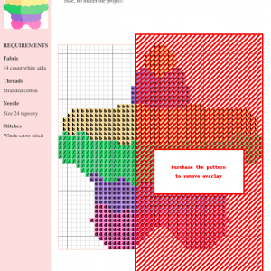 Cross stitch pattern design of a star-shaped piñata in pastel colors: pink, purple, green, and yellow.