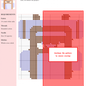 Cross stitch pattern depicting a charming cartoon backpack in shades of tan and lavender.