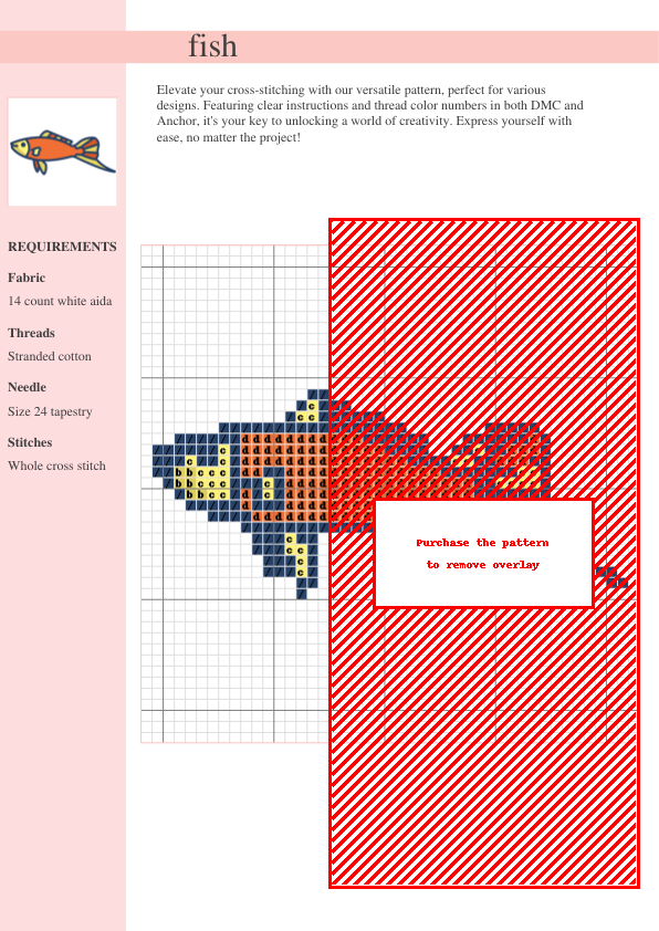 A charming cross stitch pattern featuring an orange and yellow guppy fish, perfect for beginner to intermediate stitchers.