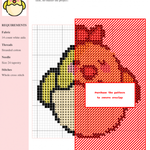 Cross stitch pattern of a cute yellow chick hatching from an eggshell, featuring pink cheeks and a red bow.