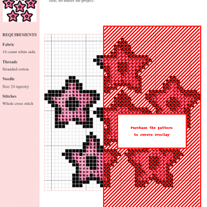 Cross stitch pattern featuring five pink, star-shaped flowers arranged in a cluster. Simple, charming design ideal for beginners.