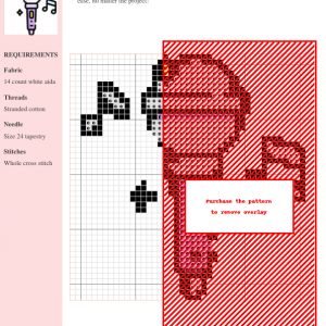 Cross stitch pattern featuring a whimsical karaoke microphone with musical notes and sparkles.