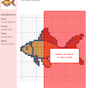 Image of a charming goldfish cross stitch pattern design, featuring orange and red accents on a white background.