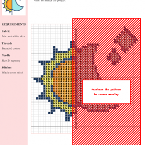 Cross stitch pattern featuring a half sun and half moon, representing day and night, with sparkling stars.
