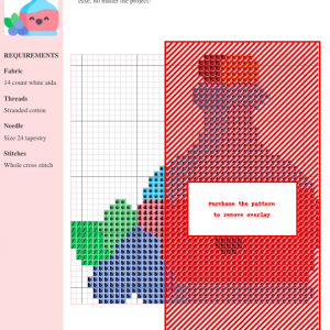 Cross stitch pattern featuring a cute cartoon wine bottle with a happy face, accompanied by blueberries.