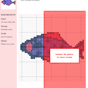 Cross stitch pattern of a whimsical halibut fish, predominantly purple with pink fins and orange spots.