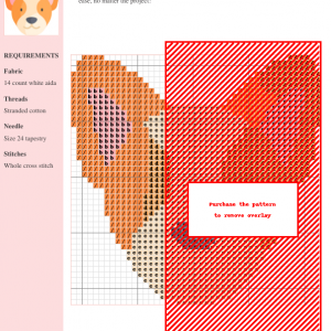 A charming cross-stitch pattern depicting the head of a corgi dog. The design features orange and cream tones.