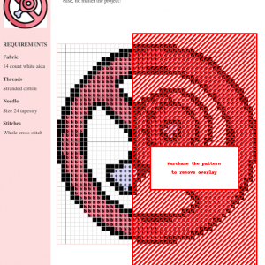 Image of a cross-stitch pattern depicting a red circle with a diagonal line through a stylized meatless leg of meat.