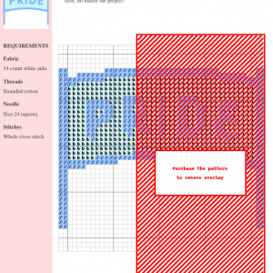 Cross stitch pattern design featuring a light blue banner with the word 'PRIDE' stitched in a simple, modern font.