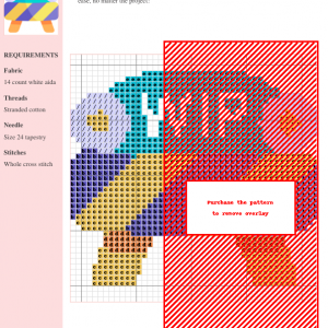 Cross stitch pattern featuring a cute cartoon construction cone with the letters 'WIP' in the center, accented with yellow and purple stripes.