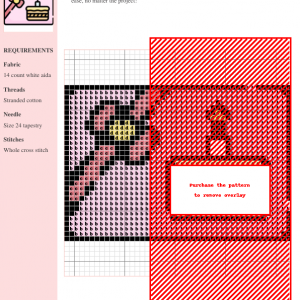 Cross stitch pattern depicting a pink gift voucher with a birthday cake and candle.