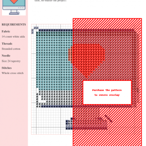 Cross stitch pattern design featuring a red heart displayed on a teal computer monitor screen.