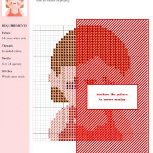 Image of a charming cross stitch pattern depicting a cute girl with short brown hair and a red dress.