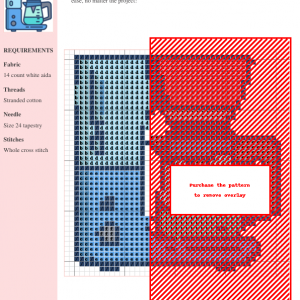 Cross stitch pattern design of a coffee maker, featuring pastel blue, teal, and red colors.