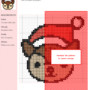 Cross stitch pattern featuring a cute cartoon deer wearing a Santa hat. The design is primarily brown, red, and white.