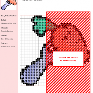 Cross stitch pattern featuring a cute cartoon carrot impaled on a fork, suitable for kitchen decor or foodie-themed projects.