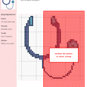 A cross-stitch pattern depicting a stethoscope in shades of purple and blue. Perfect for medical professionals or crafting enthusiasts.