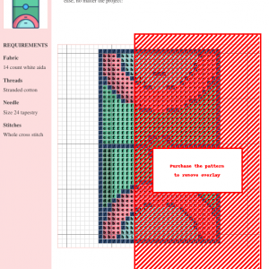 Image of a cross stitch pattern depicting a handball court in shades of green, pink, and blue.