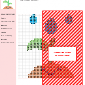 Cross stitch pattern featuring a cute cartoon plant sprouting from soil with raindrops falling above. Perfect for beginners.