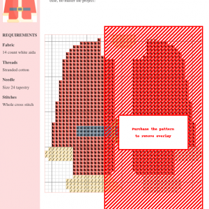 Cross stitch pattern design featuring a simplified depiction of Santa Claus's red coat and black belt.