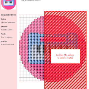 Image of a cross stitch pattern depicting a cute cartoon piano in light blue and pink colors.