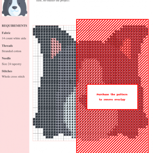 Cross stitch pattern featuring a charming cartoon-style Border Collie dog. The design uses shades of gray, black, white, and light pink.