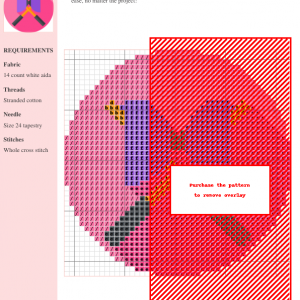 Image of a cross stitch pattern depicting a stylized diabolo, featuring purple and orange colors on a pink background.