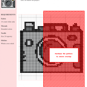 Image of a cross stitch pattern depicting a vintage camera, showcasing grey and yellow color palette.