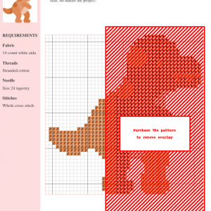 Cross stitch pattern featuring a cute, cartoonish velociraptor in shades of orange and peach.
