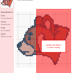 A charming cross-stitch pattern featuring a profile of a red panda. The design is outlined in dark blue and uses shades of red and peach for the panda.