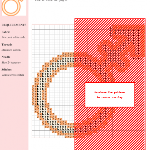 Cross stitch pattern featuring a minimalist design of the male gender symbol in a peachy-orange color.