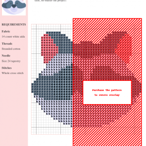 Cross stitch pattern featuring a charming raccoon face design in shades of gray, white, and coral.