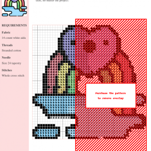 Cross stitch pattern featuring a cute purple heart resting atop a rainbow over light blue clouds.