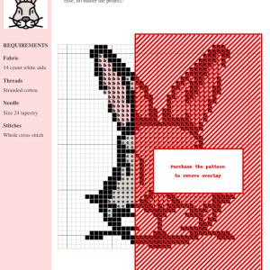 Cross stitch pattern featuring a cute grey rabbit with pink ears. Simple line art design, perfect for beginners.