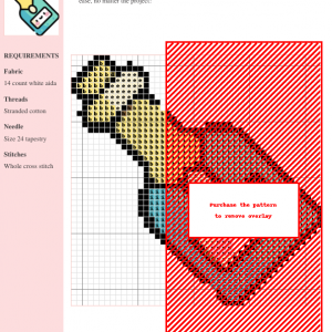 Cross stitch pattern of a cute, cartoon champagne bottle with a smiling face on the label. Pastel teal, yellow, and orange colors.