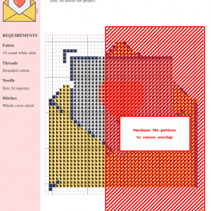 Image of a cross-stitch pattern design featuring a yellow envelope with a letter containing a red heart.