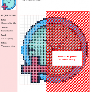 Cross stitch pattern depicting a light blue clock with pink hands and a red cross superimposed on it.