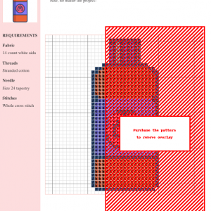 Cross stitch pattern of a medicine bottle with a respiratory health symbol. The design features orange, purple, and teal colors.