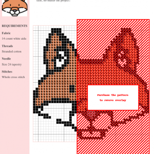 Cross stitch pattern featuring a charming fox head design in shades of orange, white, and gray.