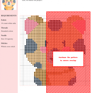 Image of a cross stitch pattern featuring a cute, cartoonish jaguar with pale yellow fur, grey spots, and pink cheeks.
