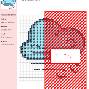 Cross stitch pattern depicting a light blue cloud with stylized wind blowing from it.